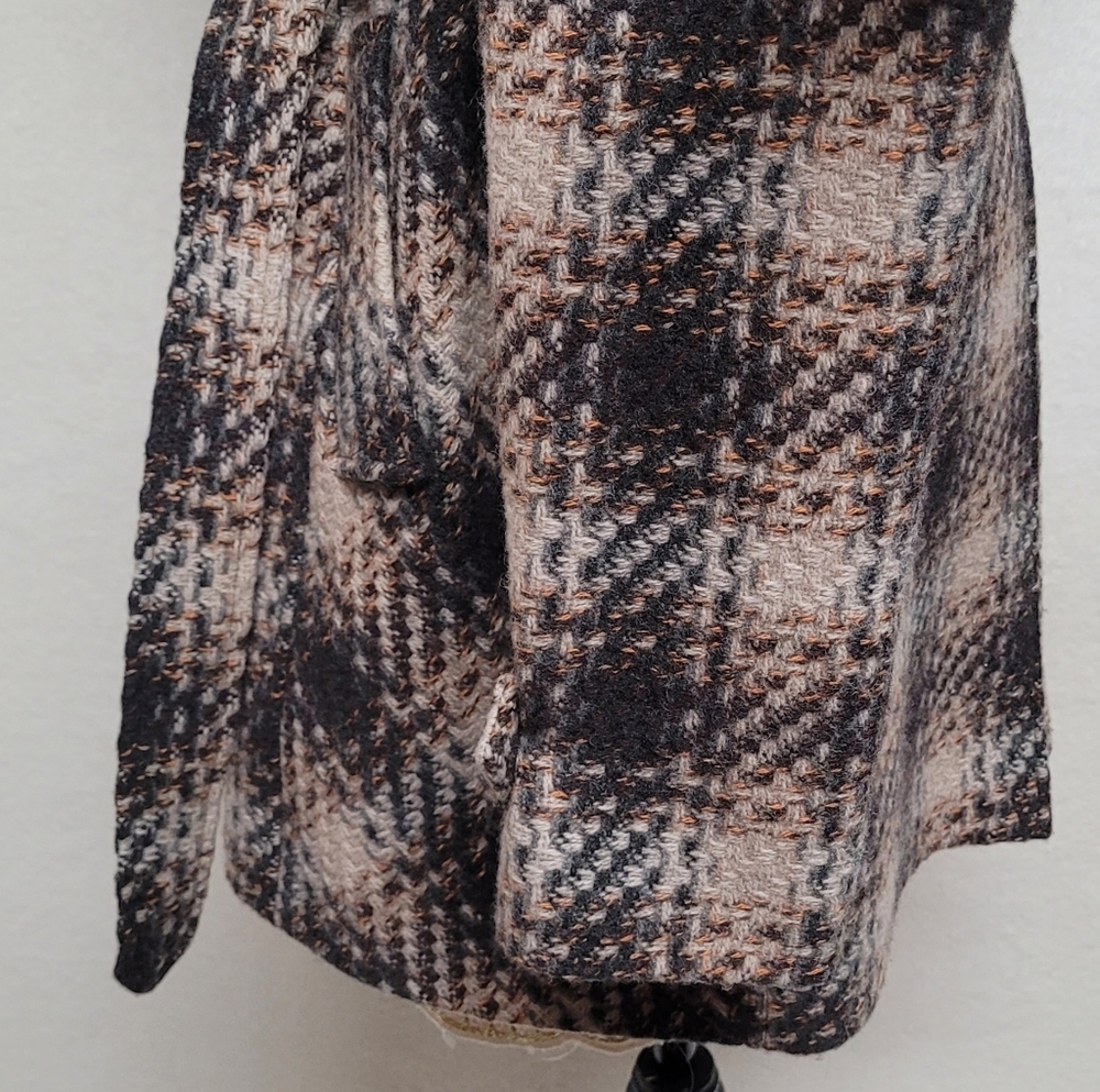 DKNY Retro Y2K Brown Plaid Tweed Double Breasted Belted Midi Peacoat Trench Coat - Picture 7 of 13